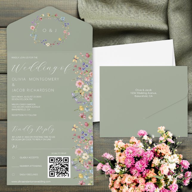 Sage Green Wildflower RSVP & QR Code Wedding  All In One Invitation (Creator Uploaded)