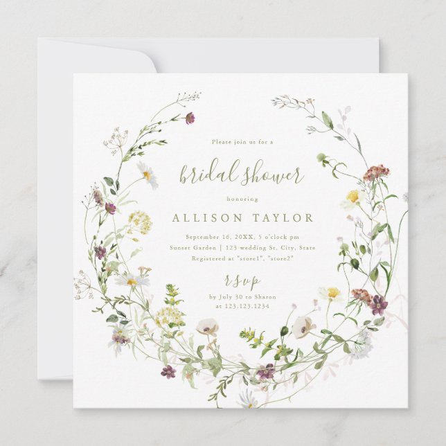 Sage Green Wildflower Rustic Boho Bridal Shower Invitation (Front)