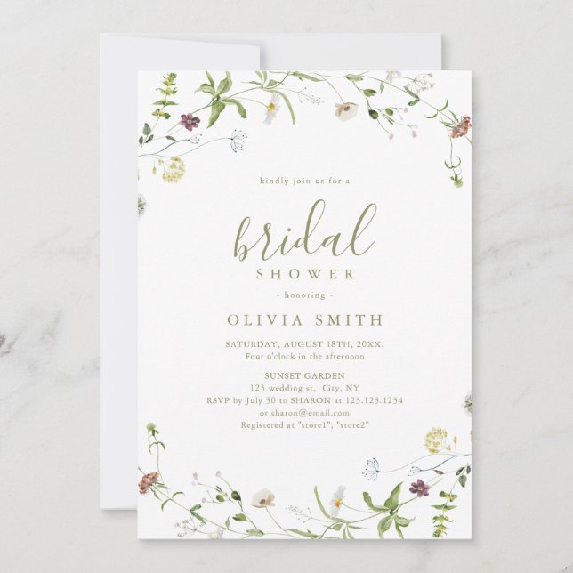 Sage Green Wildflower Rustic Boho Bridal Shower  Invitation (Front)