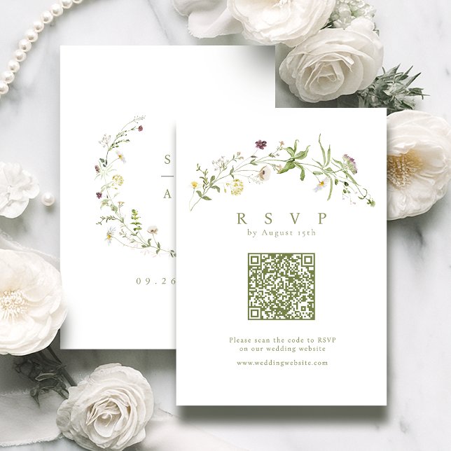 Sage Green Wildflower Rustic Boho QR code Wedding RSVP Card (Sage Green Wildflower Rustic Boho QR code Wedding RSVP Card)