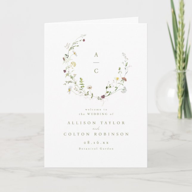 Sage Green Wildflower Rustic Boho Wedding Monogram Programme (Front)