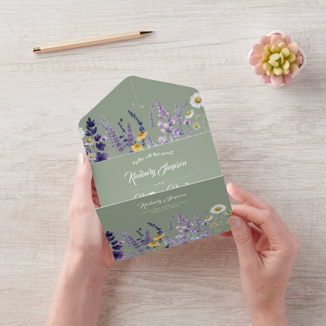 Sage Green Wildflower Rustic Wedding All In One Invitation (Video)