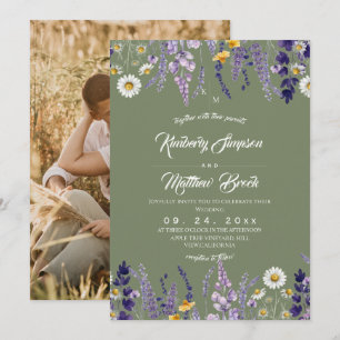 Sage Green Wildflower Rustic Wedding Photo Invitation