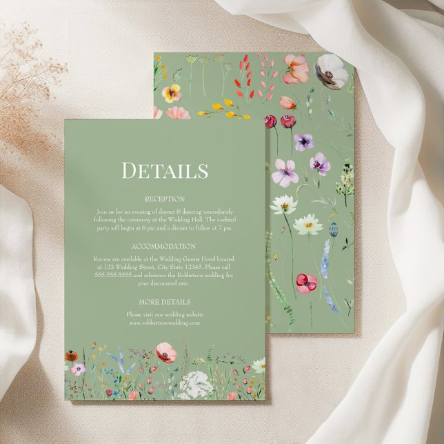 Sage Green Wildflower Wedding Details Card (Sage Green Wildflower Wedding Details Card on a silk tablecloth with botanicals)