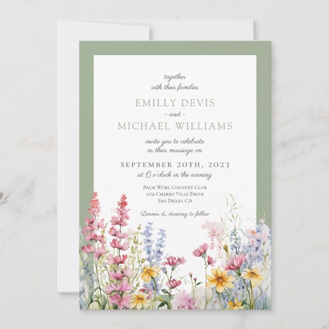 Sage Green Wildflower Wedding Invitation (Front)