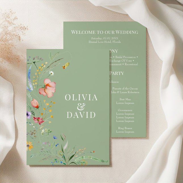 Sage Green Wildflower Wedding Program Invitation (Sage Green Wildflower Wedding Program on a silk tablecloth with dry botanicals.)