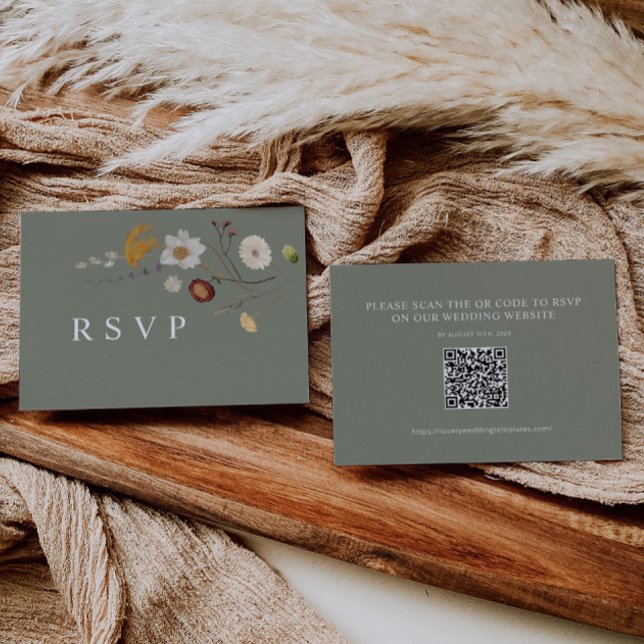 Sage Green Wildflower Wedding RSVP QR Code Card (Creator Uploaded)