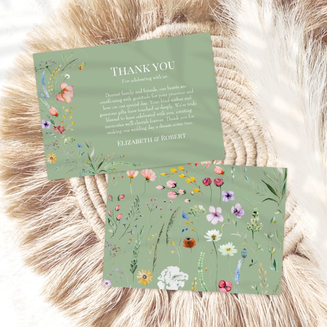 Sage Green Wildflower Wedding Thank You Card (Sage Green Wildflower Wedding Thank You Card on a neutral boho rattan decoration)