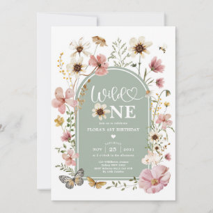 Sage Green Wildflower Wild One First Birthday Girl Invitation
