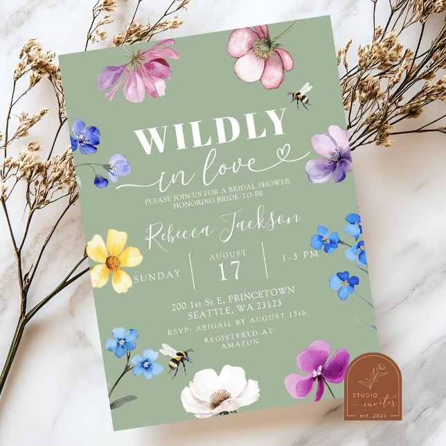 Sage Green Wildflower Wildly in Love Bridal Shower Invitation (Creator Uploaded)