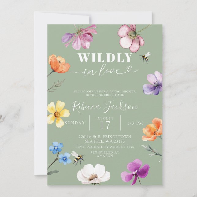 Sage Green Wildflower Wildly in Love Bridal Shower Invitation (Front)