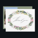 Sage Green Wildflower Wreath Wedding Bridal Shower Thank You Card<br><div class="desc">Say thank you in style with this customisable Wildflower Wreath Thank You Card, perfect for weddings, bridal showers, or any special celebration. The front features a delicate arrangement of wildflowers forming a soft, romantic wreath, with “thank you” written in elegant calligraphy at the centre. The back of the card is...</div>