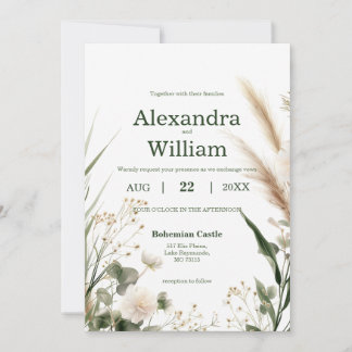 Sage Green Wildflowers and Pampas Boho Photo  Invitation