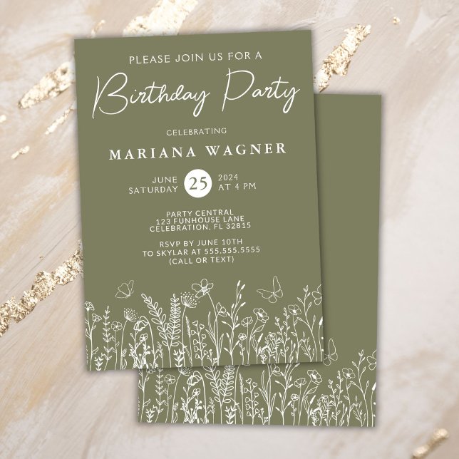 Sage Green Wildflowers Birthday Party Invitation (Creator Uploaded)