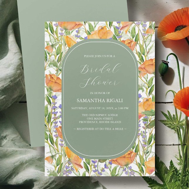 Sage Green Wildflowers Bridal Shower Invitations (Sage green and watercolor flowers bridal shower invitations art by Victoria Grigaliunas DoTellABelle)