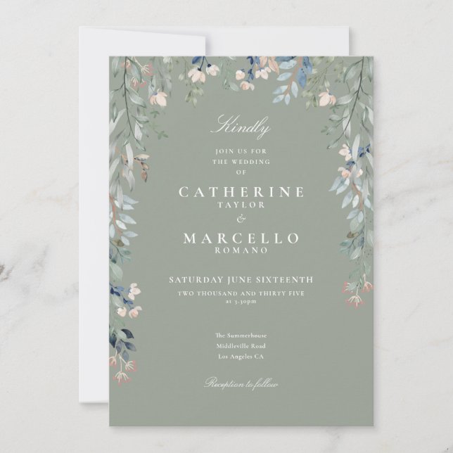 Sage Green Wildflowers Floral QR Code Wedding Invi Invitation (Front)