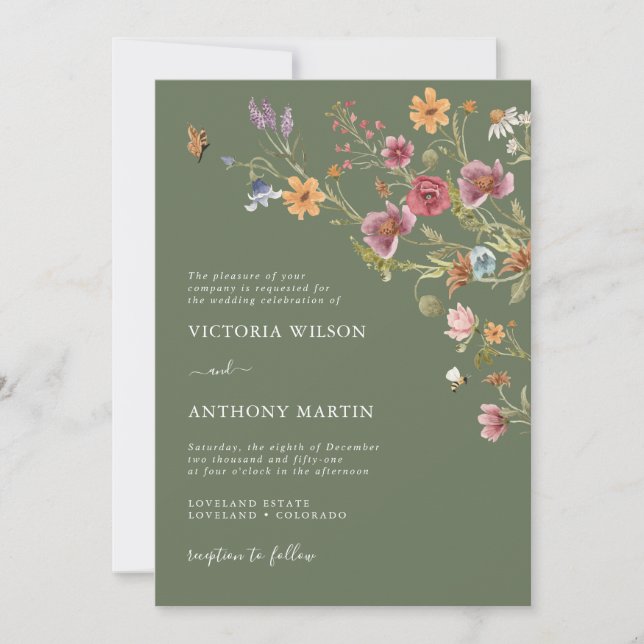 Sage Green Wildflowers Wedding Invitation (Front)