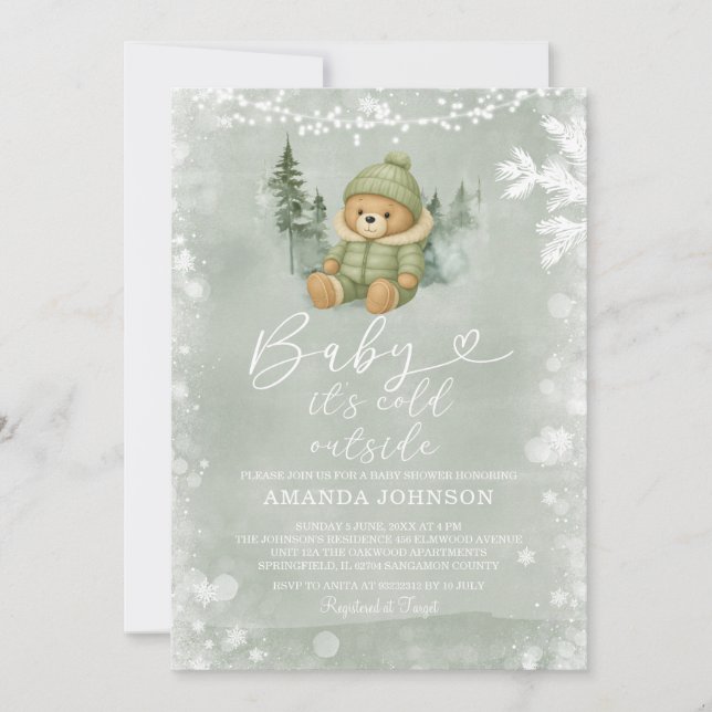 Sage Green Winter Boy Bear Baby It's Cold Outside  Invitation (Front)