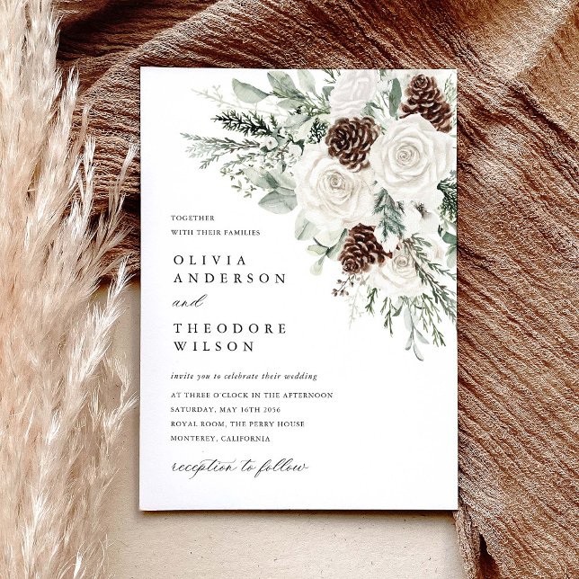 Sage Green Winter Floral Pine Wedding Invitation (Sage Green Winter Floral Wedding Invitation, White Rose Pinecone Evergreen Forest Wedding Stationery)