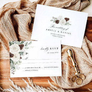 Sage Green Winter Floral Pine Wedding RSVP Card