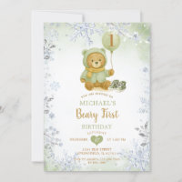 Sage Green Winter Snowflake Beary First Birthday