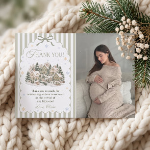Sage Green Winter Village Christmas Baby Shower Thank You Card