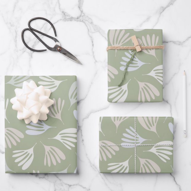 Sage Green Wisp Leaves Modern Abstract Pattern Wrapping Paper Sheet (Front)