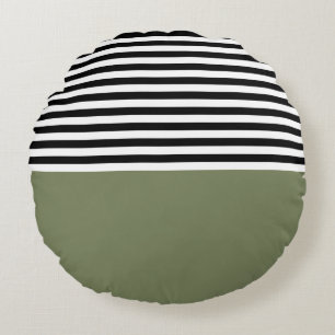 Sage Green With Black and White Stripes Round Cushion
