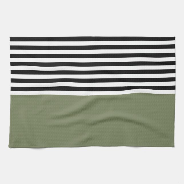 Sage Green With Black and White Stripes Tea Towel (Horizontal)