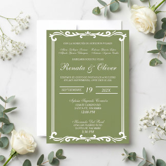Sage green with frame wedding Spanish Invitation