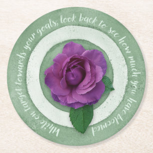 Sage Green with Purple Rose Inspirational Quote Round Paper Coaster