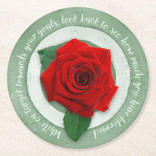 Sage Green with Red Rose Inspirational Quote  Round Paper Coaster
