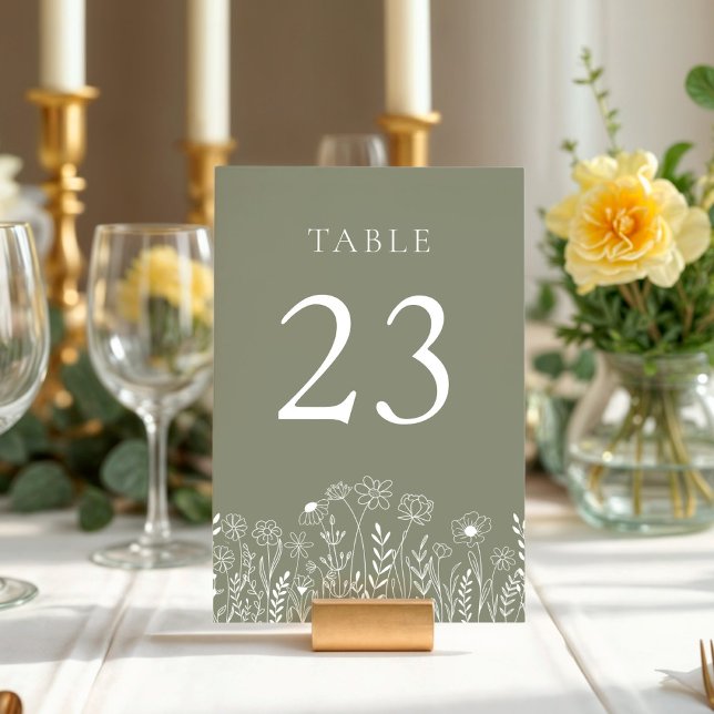 Sage Green with White Wildflower Wedding  Table Number (Sage Green White Wildflower Table Numbers)