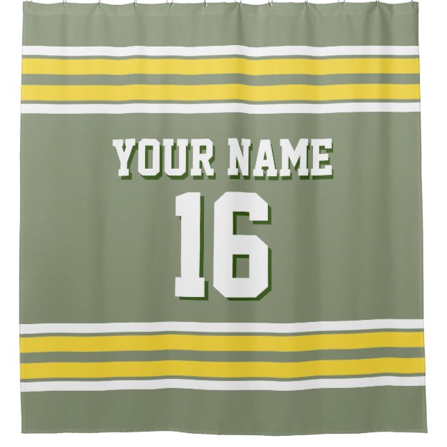 Sage Green with Yellow White Stripes Sports Jersey Shower Curtain (Front)