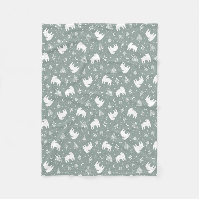 Sage Green Woodland Baby Bears Fleece Blanket (Front)