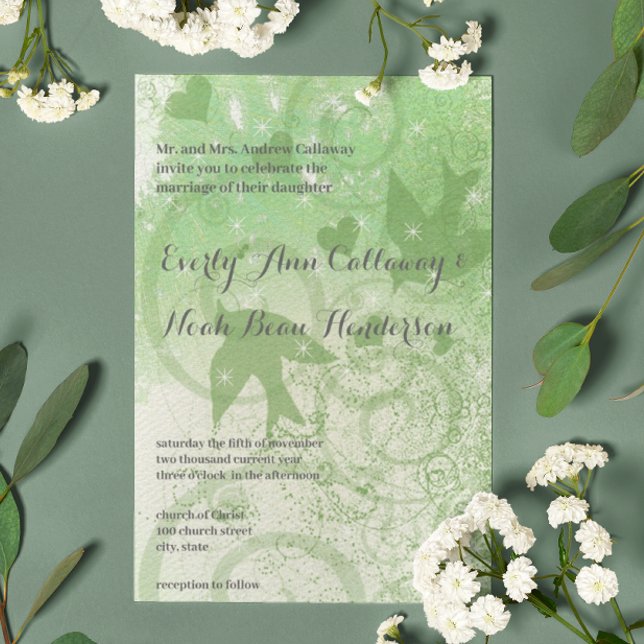 Sage Green Woodland Birds & Swirls Wedding  Invitation (Creator Uploaded)