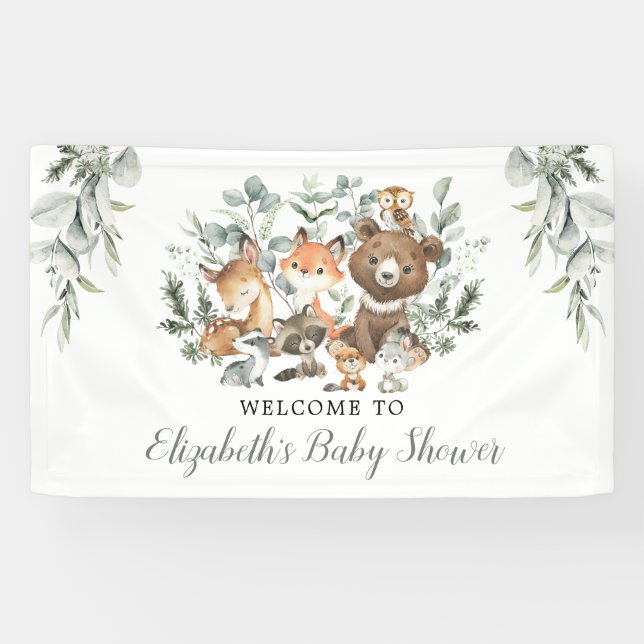Sage Green Woodland Forest Animals Baby Welcome Banner (Horizontal)