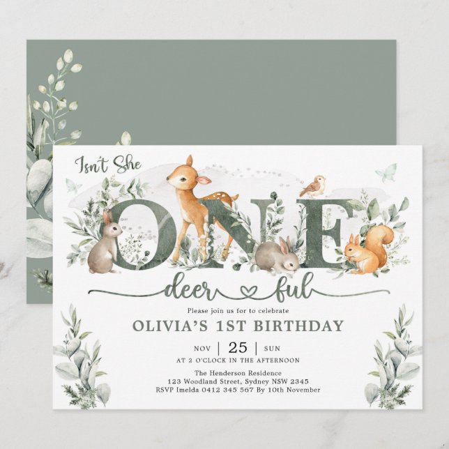 Sage Green Woodland One-deerful 1st Birthday Girl Invitation (Front/Back)
