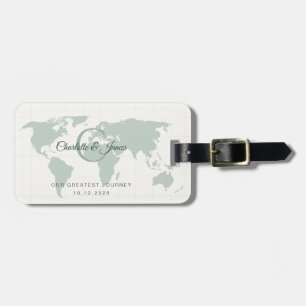 Sage Green World Map Destination Wedding Favour Luggage Tag