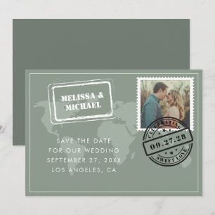 Sage Green World Map Destination Wedding Photo Save The Date