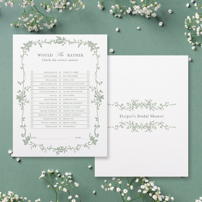 Sage Green 'Would She Rather' Bridal Shower Game (Front & Back)