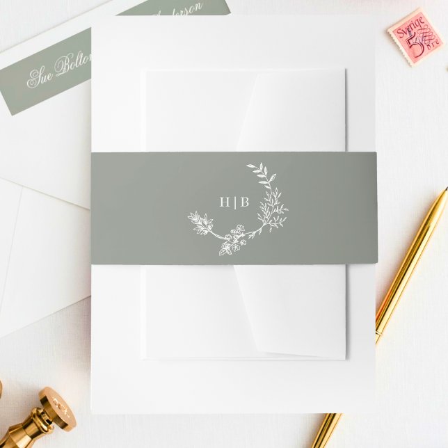 Sage Green Wreath Classic Monogram Wedding Invitation Belly Band (Creator Uploaded)