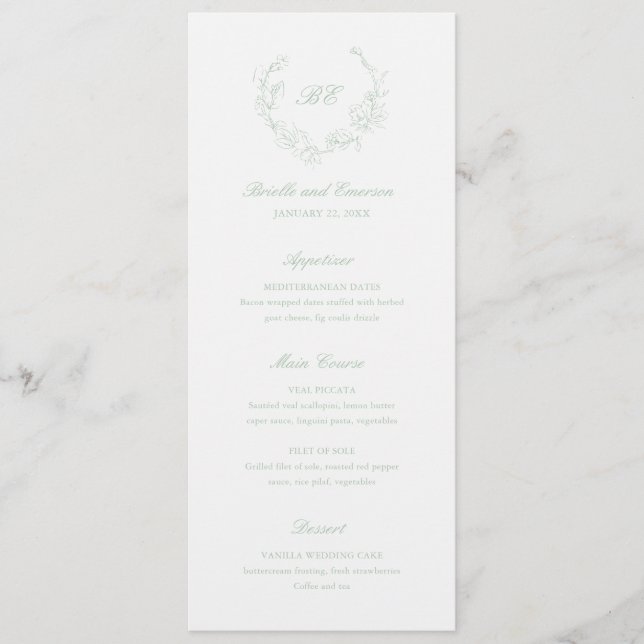 Sage Green Wreath Monogram Elegant Wedding Menu (Front)