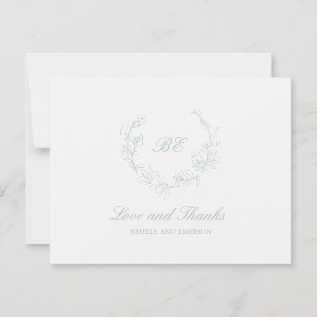 Sage Green Wreath Monogram Photo Elegant Wedding Thank You Card (Front)