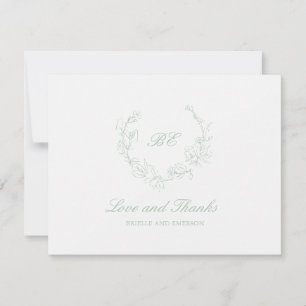 Sage Green Wreath Monogram Photo Elegant Wedding Thank You Card
