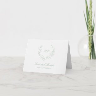 Sage Green Wreath Monogram Photo Elegant Wedding Thank You Card