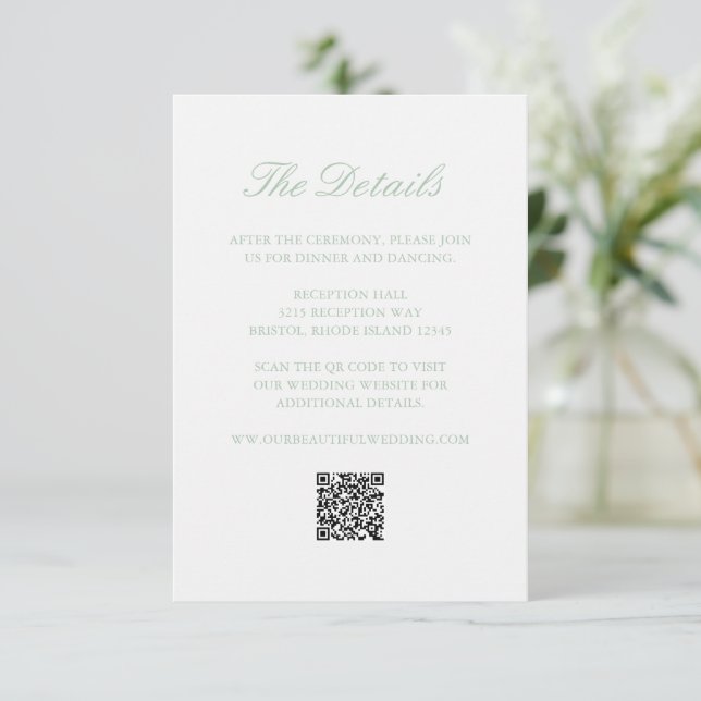 Sage Green Wreath Monogram QR Code Elegant Wedding Enclosure Card (Standing Front)