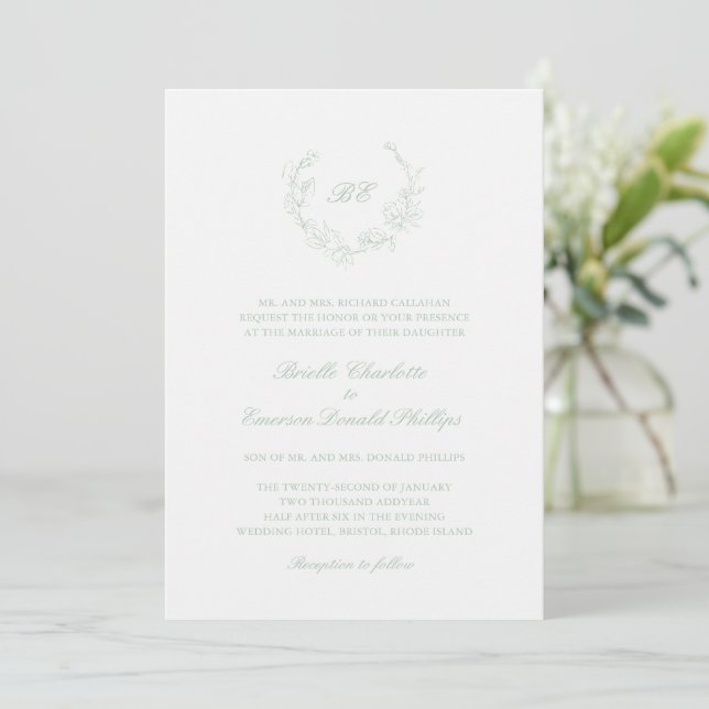 Sage Green Wreath Monogram QR Code Elegant Wedding Invitation (Standing Front)
