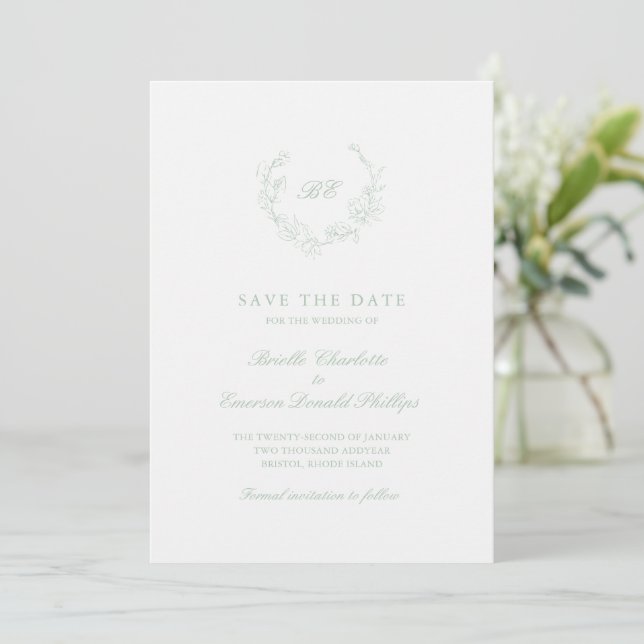 Sage Green Wreath Monogram QR Code Elegant Wedding Save The Date (Standing Front)