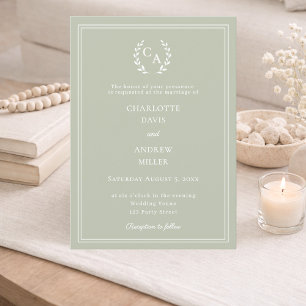 Sage green wreath monogram simple wedding  invitation